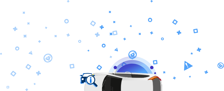 Illusztráció, amely egy fehér autót ábrázol felülről, kék ikonokkal körülötte és az alvázszám (VIN) felirattal.