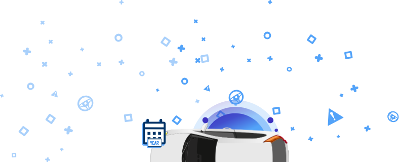 Fehér autó felülről nézve kék ikonokkal, beleértve a „Regisztrált” szót és más autóipari szimbólumokat.