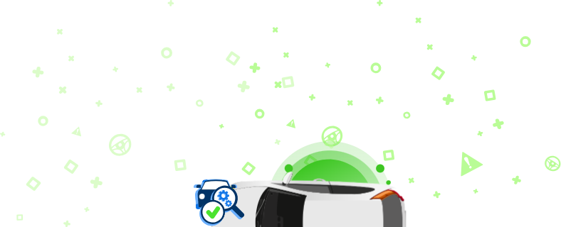 Egy fehér autó felülről, körülötte ikonokkal, beleértve a „SZERVIZELT” szót, a „VIN” szimbólumot és más autóipari szimbólumokat