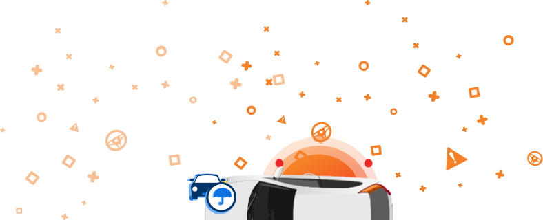 Egy fehér autó felülről nézve, narancssárga ikonokkal, köztük az  BIZTOSÍTOTT? szóval. és egyéb autóipari szimbólumok