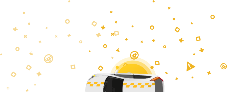 Kép egy autóról, tetején taxitáblával, sárga háttéren geometrikus formákkal.