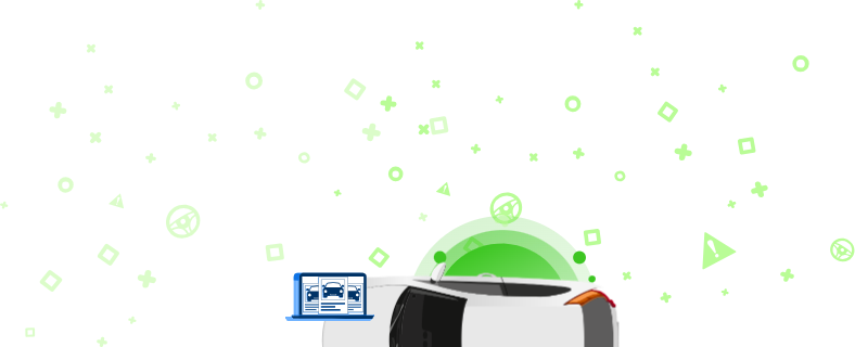 Illusztráció egy autóról, egy laptopról, amelyen a jármű képei és egy zöld háttér látható geometriai alakzatokkal.