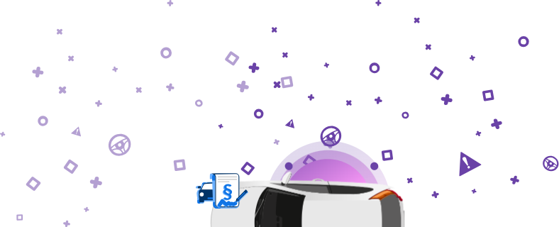 Egy autót ábrázoló kép egy okirattal, amelyen egy paragrafus szimbólum és egy aláírás látható, lila háttér előtt.