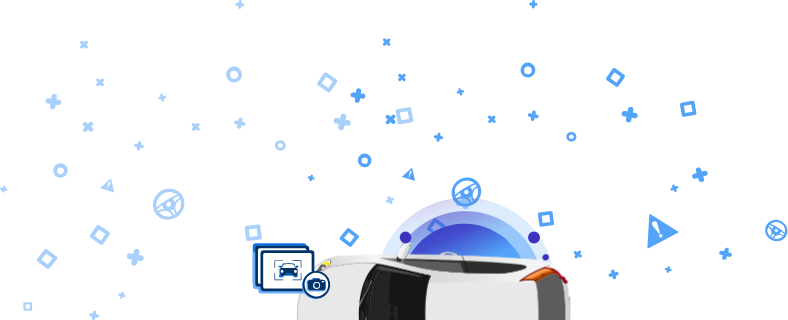 Egy sérült autót ábrázoló kép, kék hátterű kamera és autó ikonokkal, díszítő elemekkel.