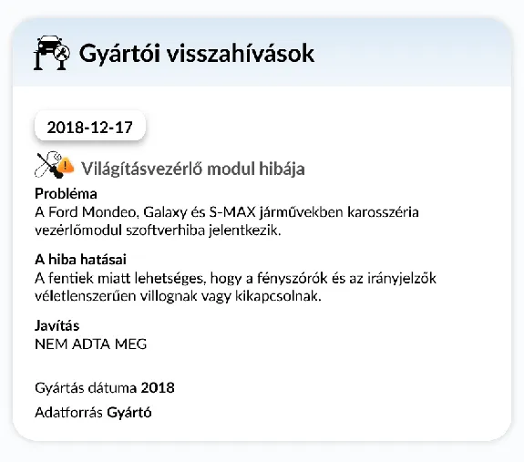 autoDNA Járműtörténeti Jelentés - Visszahívási akciók