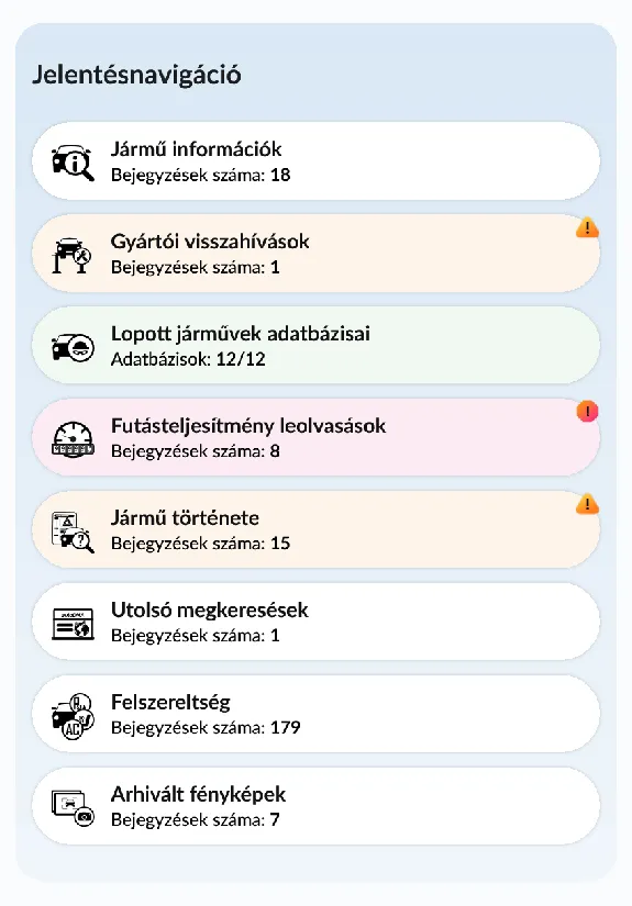 autoDNA Járműtörténeti Jelentés - Navigáció a jelentésben